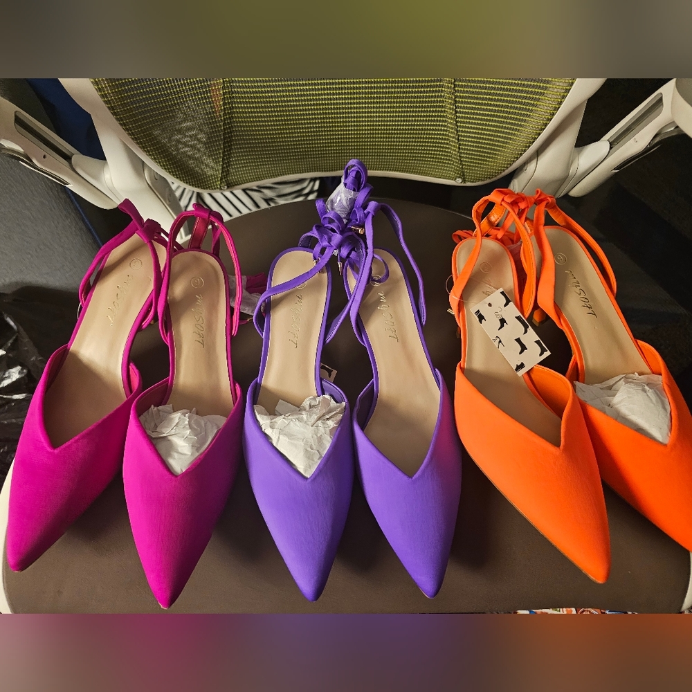 NWT MYsoft LOT OF THREE  Lace up  Pointed Toe PUMPS, SIZE 9 PINK/PURPLE/ORANGE